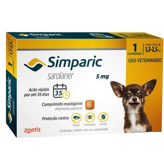 Imagem de Antipulgas Zoetis Simparic 5 mg para Cães 1,3 a 2,5 Kg