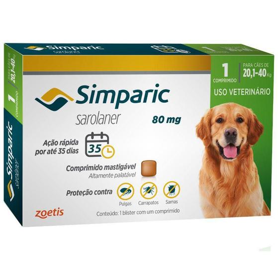 Antipulgas zoetis simparic 80 mg cães 20,1 a 40 kg zoetis Menor preço em Antipulgas zoetis simparic 80 mg cães 20,1 a 40 kg zoetis