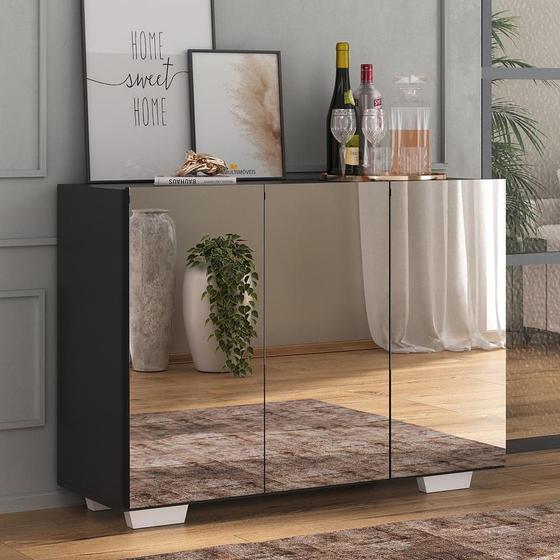 Imagem de Aparador Buffet 3 Portas com Espelho e Pés Quadrados Vegas Multimóveis MP1014 Preto/Branco