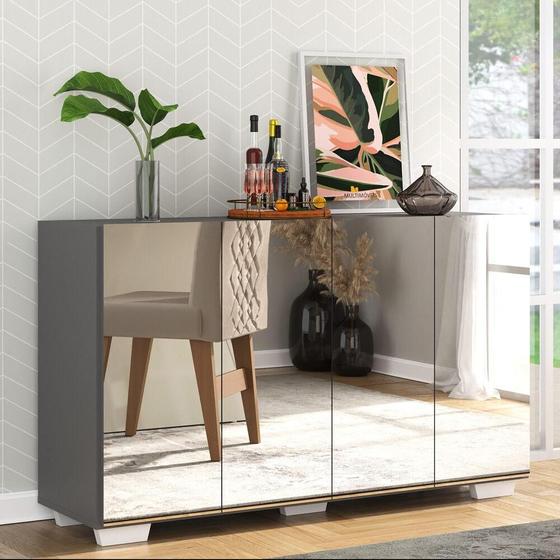 Imagem de Aparador Buffet 4 portas com Espelho e Pés Quadrados Vegas Multimóveis Grafite/Branco