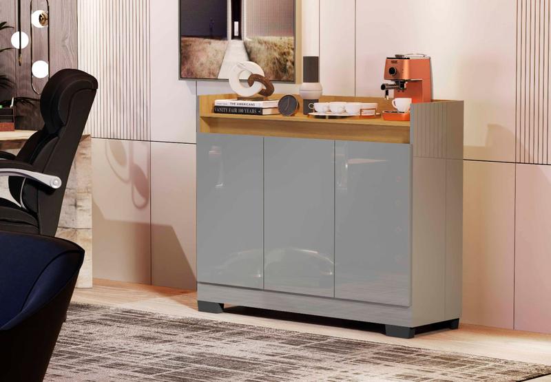 Imagem de Aparador Buffet Com 3 Portas Cantinho do Café Retrô Ryzen Lançamento Cor Cinza/Nature