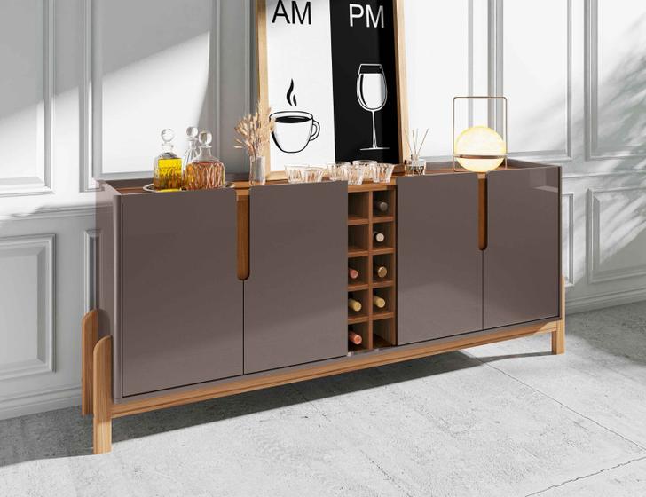 Imagem de Aparador Buffet Sala 190cm Liz 4 Portas Com Adega com Pés de Madeira Cinza com Cedro - Rede Móveis