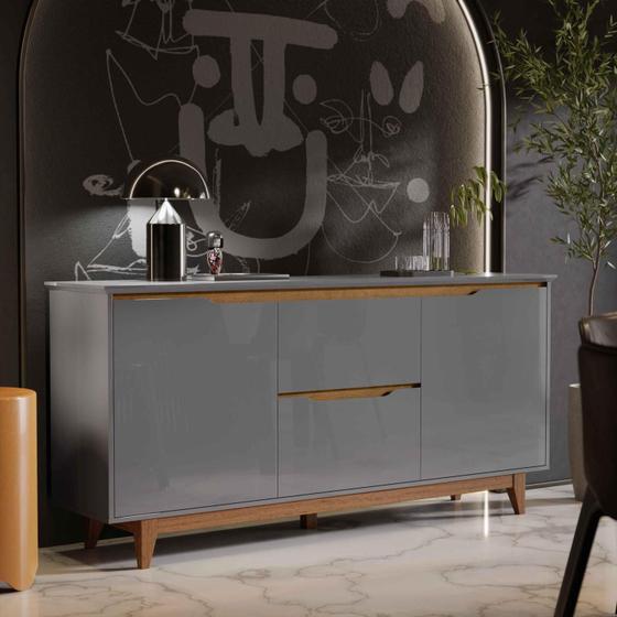 Imagem de Aparador Buffet Sala Flow 2 Portas 2 Gavetas com Pés de Madeira Cinza com Freijó - Rede Móveis