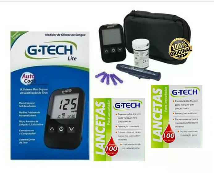 Aparelho de glicemia Completo + 200 Lancetas G -tech Menor preço em Aparelho de glicemia Completo + 200 Lancetas G -tech