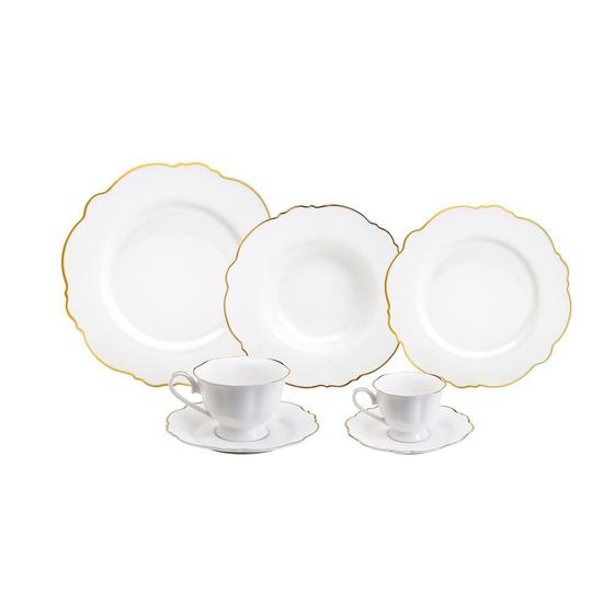 Conjunto completo do aparelho de jantar Wolff Maldivas exibindo pratos e xícaras com acabamento em ouro