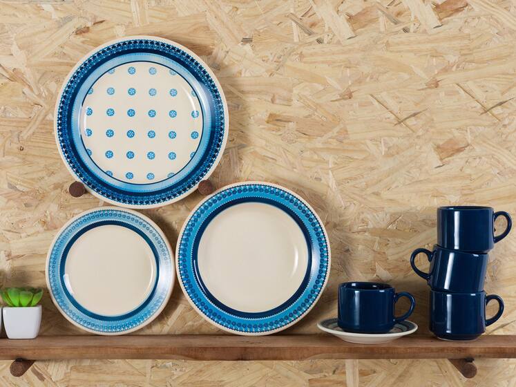 Aparelho de Jantar Chá 20 Peças Biona Cerâmica - Redondo Branco e Azul Donna - Aparelho de Jantar - Magazine Cbeneficio