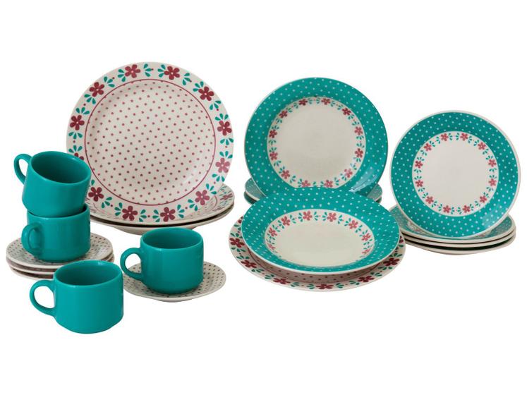 Imagem de Aparelho de Jantar e Chá 20 Peças Biona de Cerâmica Redondo Branco e Azul Claro Donna