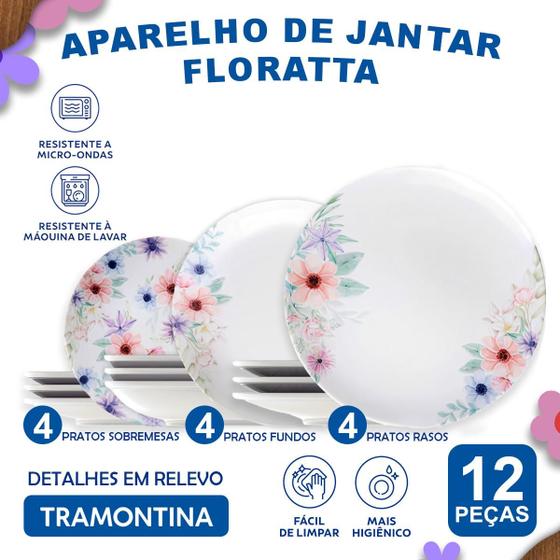 Imagem de Aparelho de Jantar Floratta Tramontina Jogo de Pratos Rasos, Fundos e Sobremesa com Opções de Kits