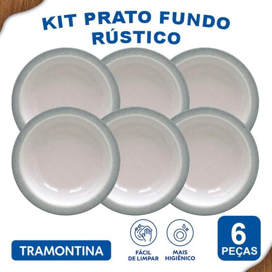 Imagem de Aparelho De Jantar Jogo de Pratos Fundos Tramontina Rustico Cinza em Porcelana Decorada 6 Peças