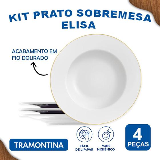 Imagem de Aparelho De Jantar Jogo de Pratos Sobremesa Filetado 21 cm Tramontina Elisa Borda de Ouro 4 Peças