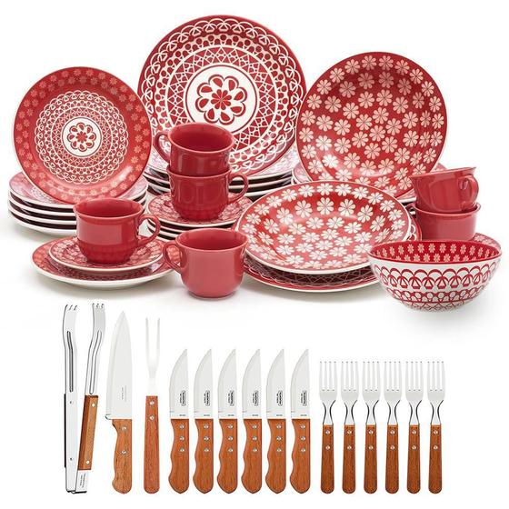 Imagem de Aparelho de Jantar Oxford Renda com 30 Peças com 1 Bowl + Kit para Churrasco Tramontina Jumbo 15 pçs