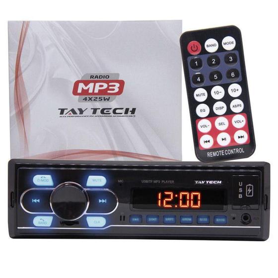 Imagem de Aparelho de Rádio Automotivo TayTech 4X25 W Bluetooth USB Aux MP3 Com Controle Rádio MP3