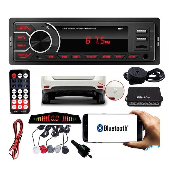 Imagem de Aparelho de Som M-5599 Carro Radio Automotivo Mp3 1 Din Bluetooth Pendrive 2 Usb Sd com Sensor de Estacionamento Ré com Visor Display e Sinal Sonoro