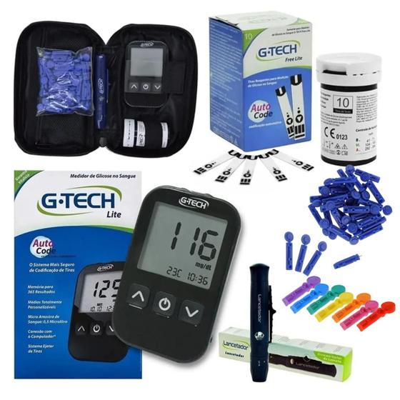 Imagem de Aparelho Medidor de Glicose Glicemia Diabetes G-Tech Lite + 200 Lancetas  Agulhas Kit   Completo 