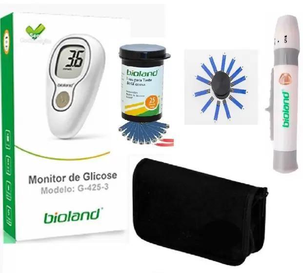 Imagem de Aparelho para Medir  Glicemia Diabetes da Bioland: Kit Completo com 25 Tiras  25 Lancetas 