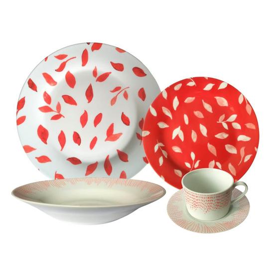 Imagem de Aparelhos de Jantar 20 Peças Porcelana Vermelho e Branco Folhas - Casambiente