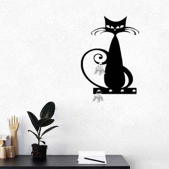 Imagem de Aplique Porta Chaves Decorativo Gato Esticado Bigodes Enfeite quarto sala MDF Preto