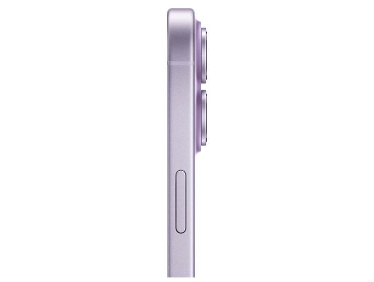 Vista lateral do Apple iPhone 17 lavanda, mostrando a curvatura do design, os botões laterais e a saliência das lentes da câmera.