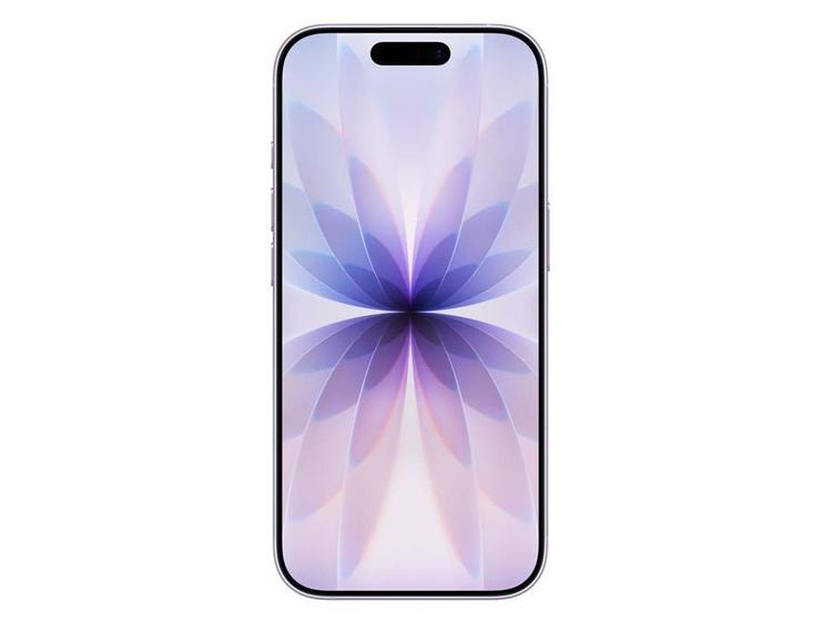 Vista frontal do Apple iPhone 17 lavanda com tela ligada exibindo um papel de parede abstrato roxo e branco, e Dynamic Island.