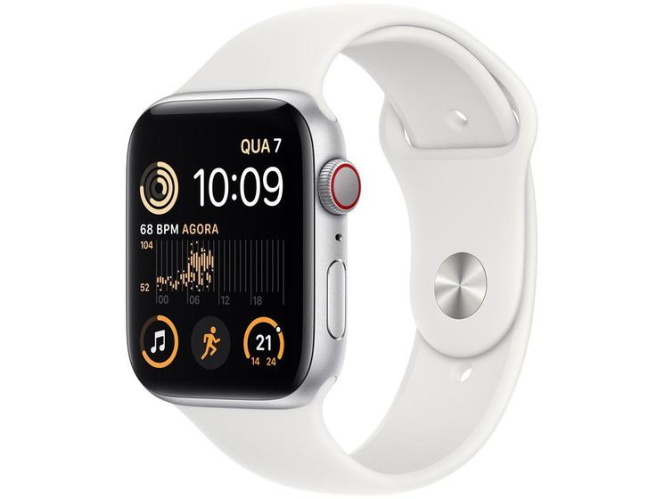 Imagem de Apple Watch SE 2ª geração GPS + Cellular Caixa Prateada de Alumínio 44mm Pulseira Esportiva Branca
