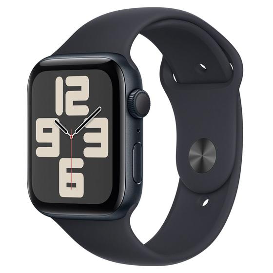 Imagem de Apple Watch SE 44mm GPS Caixa Meia-Noite de Alumínio, Pulseira Esportiva Meia-Noite, Tamanho P/M, Neutro em Carbono - MRE73BZ/A