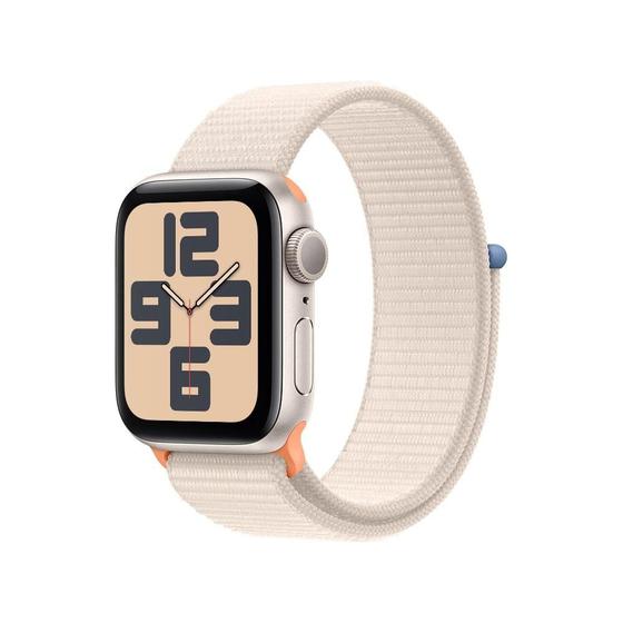 Imagem de Apple Watch SE, Caixa Estelar de Alumínio 40mm, Pulseira Loop Esportiva Estelar, Neutro em Carbono, GPS
