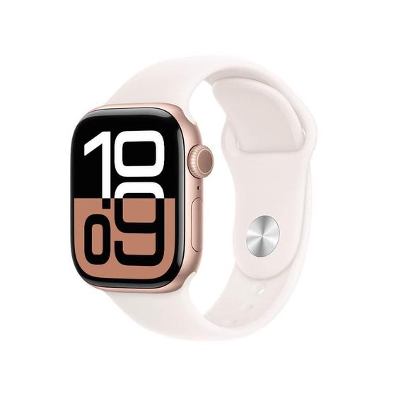 Imagem de Apple Watch Series 10 GPS  Caixa cor de ouro rosa de alumínio  42 mm  Pulseira esportiva blush-clara  M/G