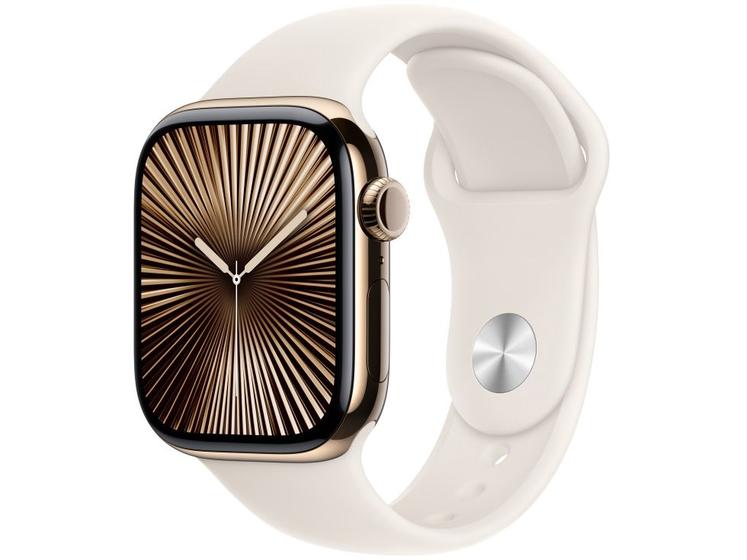 Imagem de Apple Watch Series 10 GPS + Cellular Caixa Dourada de Titânio 42mm Pulseira Esportiva Estelar P/M