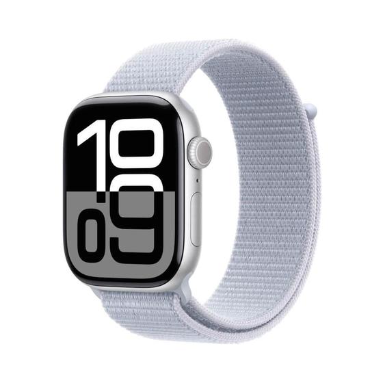 Imagem de Apple Watch Series 10 GPS + Cellular  Caixa prateada de alumínio  46 mm  Pulseira loop esportiva nuvem azul