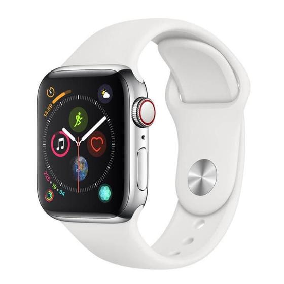 Imagem de Apple Watch Series 4 Cellular, 40 mm, Aço Inoxidável Prata, Pulseira Esportiva Branca e Fecho Clássico - MTVJ2BZ/A