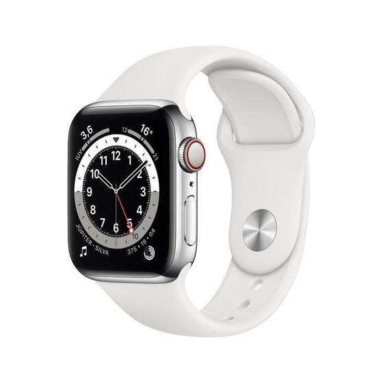 Imagem de Apple Watch Series 6 Cellular + GPS, 40 mm, Aço Inoxidável Prata, Pulseira Esportiva Branco  M06T3BE/A