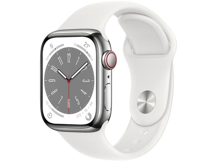 Imagem de Apple Watch Series 8 41mm GPS + Cellular Caixa Prateada Aço Inoxidável Pulseira Esportiva Branca
