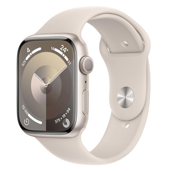 Imagem de Apple Watch Series 9 45mm GPS Caixa Estelar de Alumínio, Pulseira Esportiva Estelar, Tamanho P/M, Neutro em Carbono - MR963BZ/A