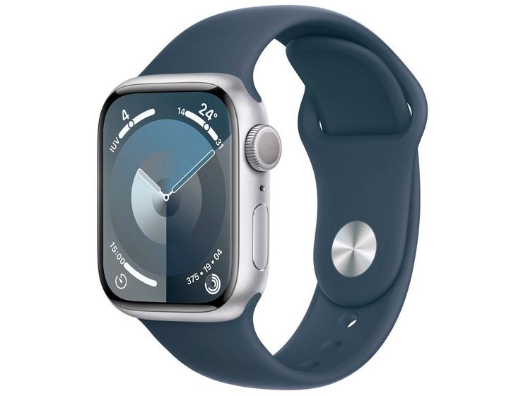 Imagem de Apple Watch Series 9 GPS Caixa Prateada de Alumínio 41mm Pulseira Esportiva Azul-tempestade P/M