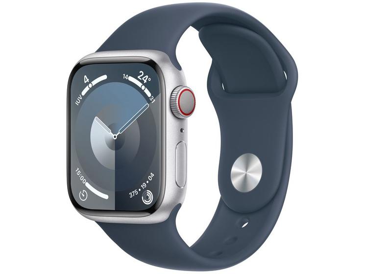 Imagem de Apple Watch Series 9 GPS + Cellular Caixa Prateada de Alumínio 41mm Pulseira Esportiva Azul-tempestade M/G