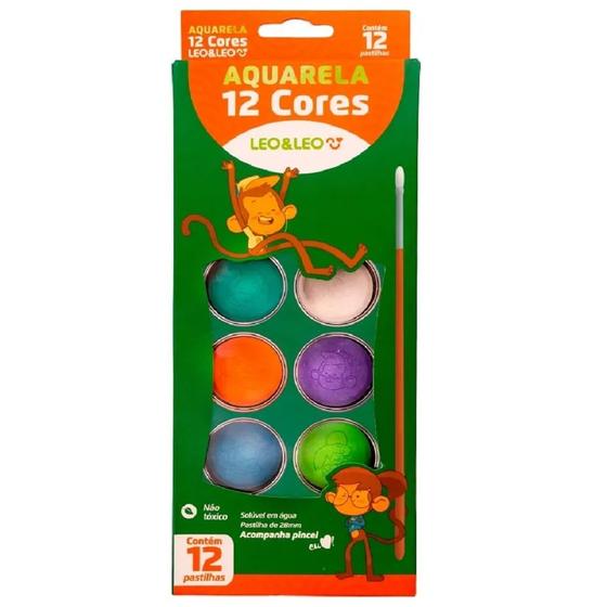 Imagem de Aquarela Infantil Escolar Tinta 12 Cores Pastilhas + Pincel Arte e Pintura Leo e Leo