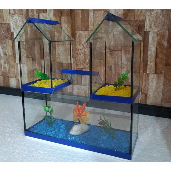 Imagem de Aquario Beteira Castelo III Tripla 3 Compartimentos Peixe Betta decorado pedrinhas e planta artificial
