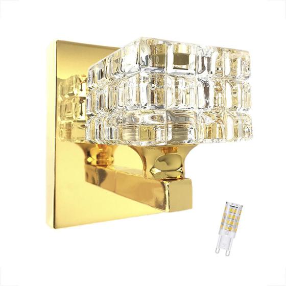 Imagem de Arandela Cristal K9 Quadrado Dourado Brilhoso Bet39 + Led