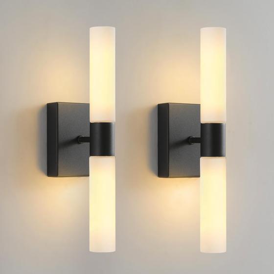 Imagem de Arandelas de parede KUZZULL Matte Black com vidro fosco, conjunto de 2