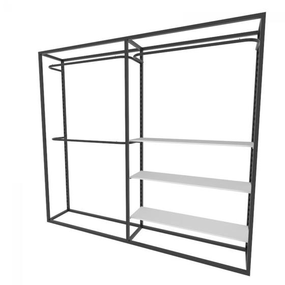 Imagem de Arara closet, estilo industrial, guarda roupas aberto com 14 peças preto e branco fbprb57
