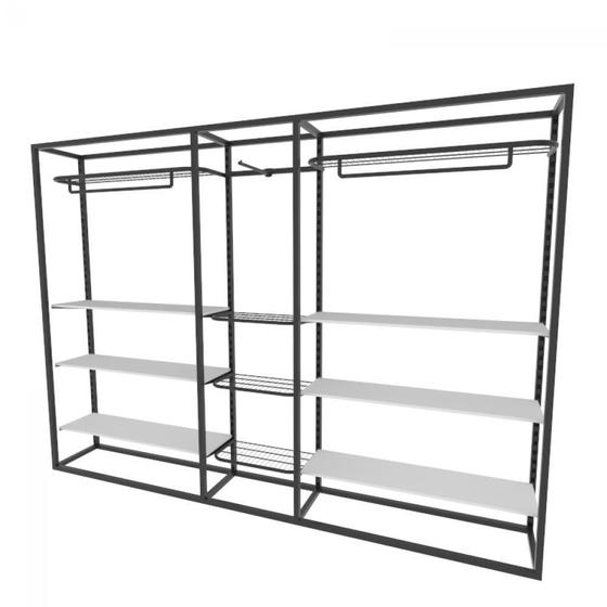 Imagem de Arara closet, estilo industrial, guarda roupas aberto com 28 peças preto e branco fbprb429