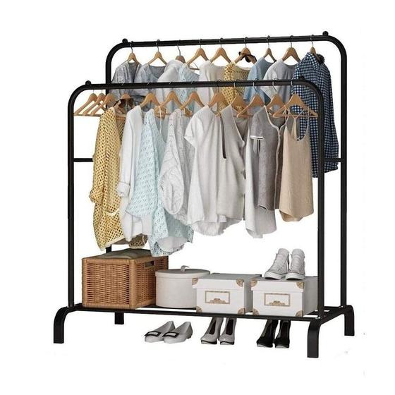 Imagem de Arara de roupas cabideiro organizador para quarto closet loja com 1 prateleira sapateira preto