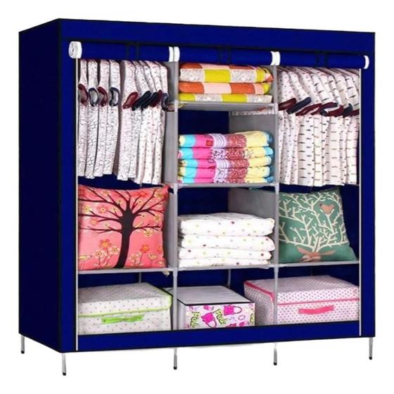 Arara guarda roupa grande cabideiro prateleiras dobravel armario organizador portatil azul Menor preço em Arara guarda roupa grande cabideiro prateleiras dobravel armario organizador portatil azul