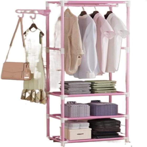 Imagem de Arara roupas cabideiro guarda roupa portatil sapateira 3 prateleiras organizador multifuncional
