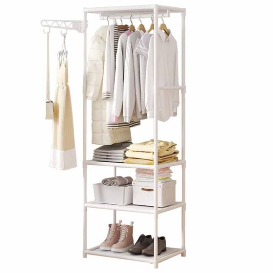 Imagem de Arara Sapateira metal Rack 3 Prateleiras Organizador vertical de Roupa Multiuso e Cabideiro casa quarto Closet