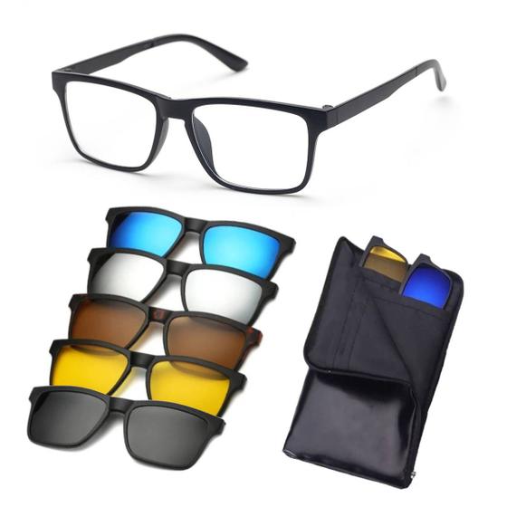 Armação de Óculos + 5 Clip ON de Sol Masculino Troca Lentes Polarizado UV Adicional Magnetico Menor preço em Armação de Óculos + 5 Clip ON de Sol Masculino Troca Lentes Polarizado UV Adicional Magnetico