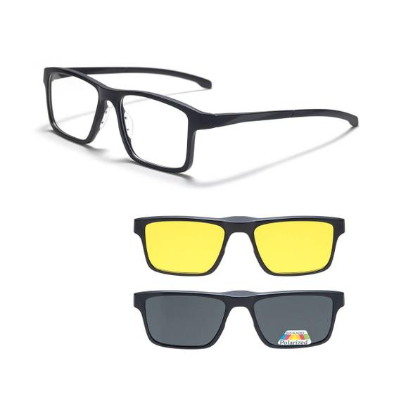Imagem de Armação De Óculos Masculino + 2 Clip On Óculos De Sol Troca Lentes 3 Em 1 Proteção UV Polarizado
