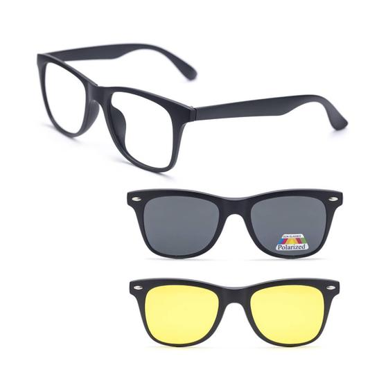 Imagem de Armação De Óculos Masculino + 2 Clip On Óculos De Sol Troca Lentes 3 Em 1 Proteção UV Polarizado