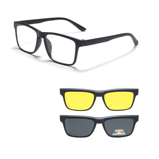 Imagem de Armação de Óculos para Grau + 2 Clip on Óculos Sol Masculino 6 Em 1 Magnético Polarizado Proteção UV