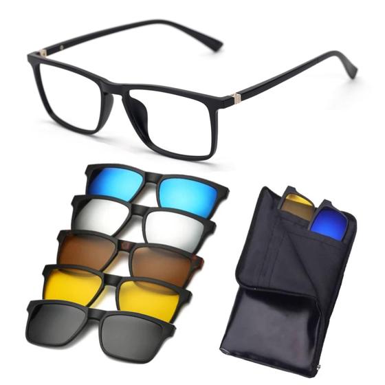 Imagem de Armação de Oculos para Grau 6 em 1 Clip On de Sol Masculino Polarizado Uv Troca Lentes